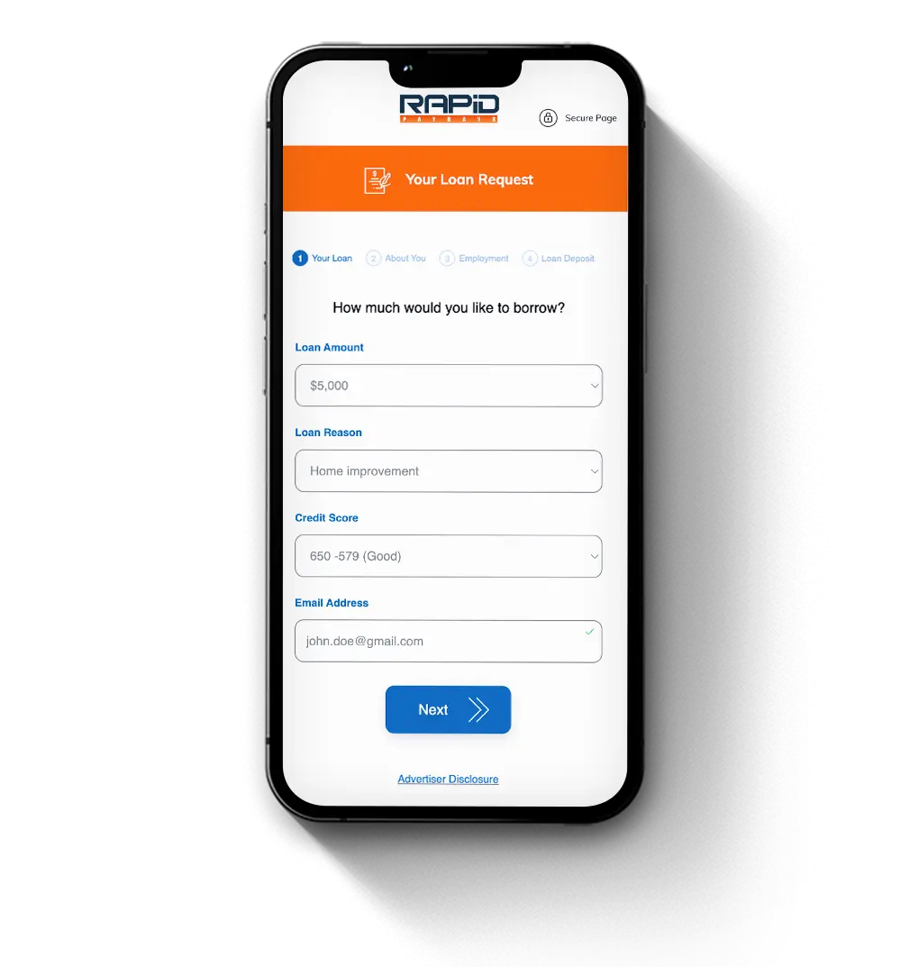 Phone screen displaying our loan request form