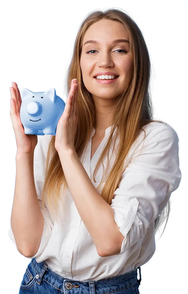 Young woman holding her piggy bank.